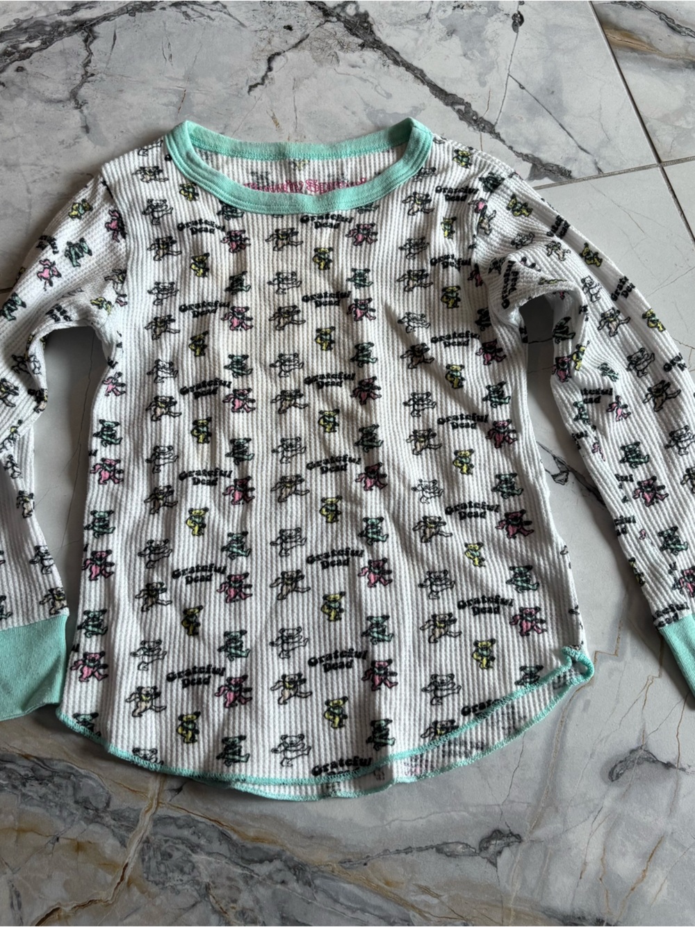 Girls' White Floral Thermal Top with Mint Trim